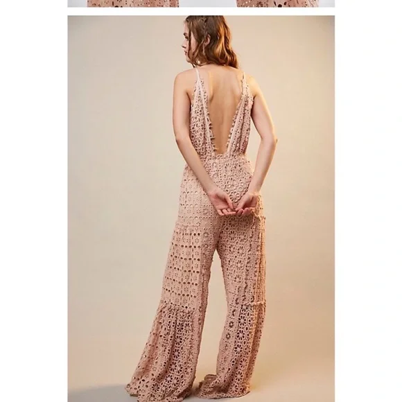 NWT Free People Yesenia Crochet Lace Patchwork Wide Leg Jumpsuit $350 XL